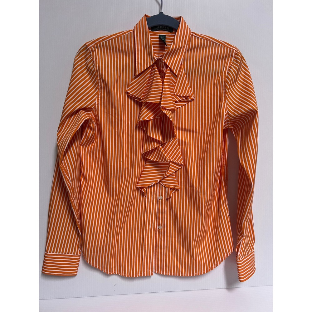 Lauren Ralph Lauren Orange White Striped Ruffle Jabot Button Down Blouse Small